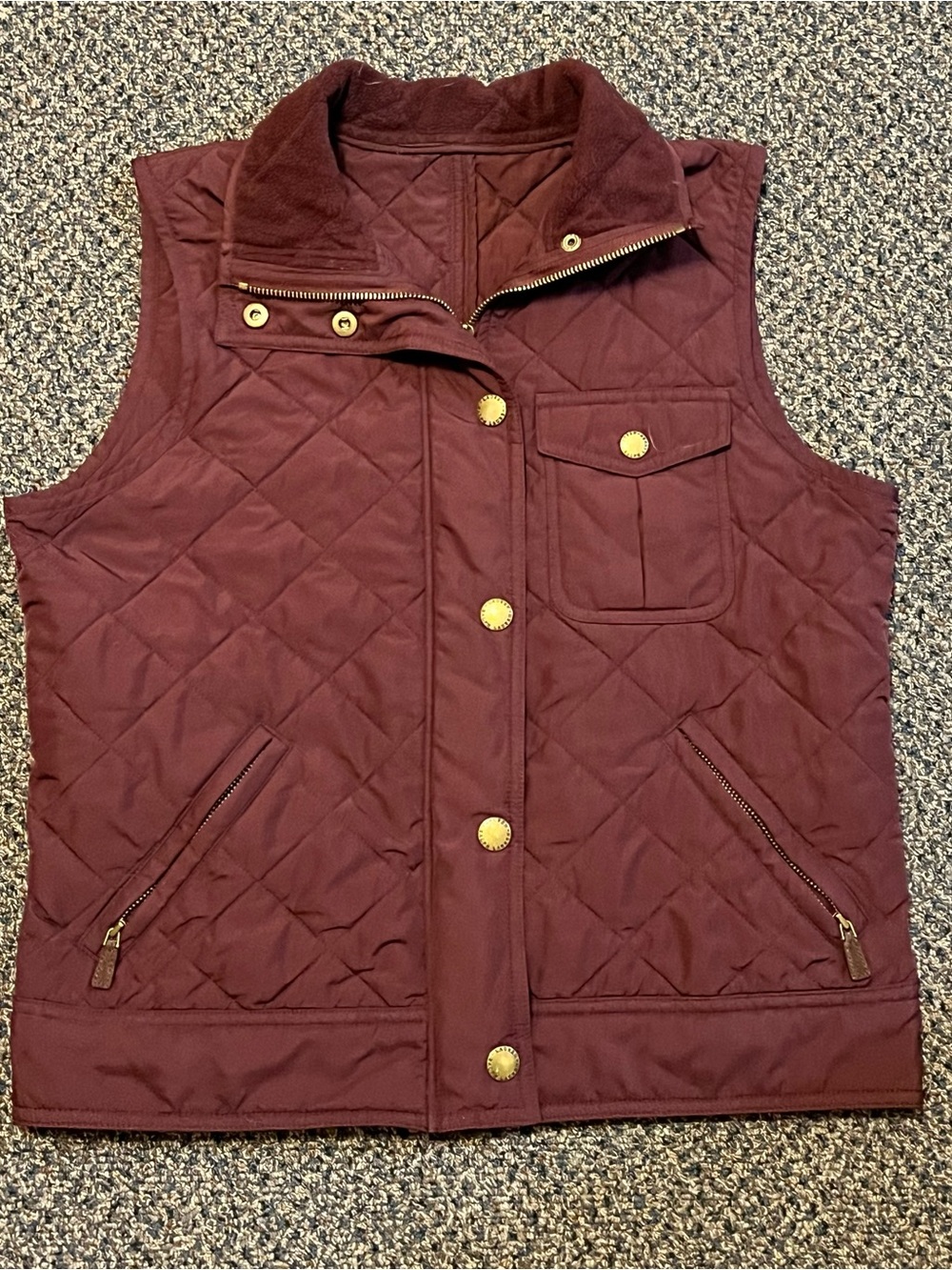 Lauren Ralph Lauren Quilted Sleeveless Vest in Deep Burgundy with Gold Hardware